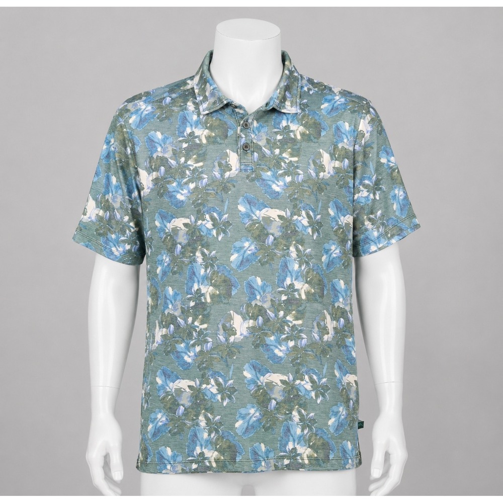 Tommy Bahama Polo Shirt XL Tropical Floral Blue Green Short Sleeve Supima Cotton